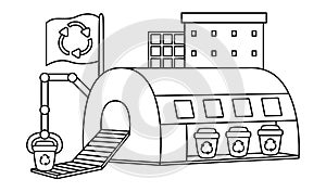 Vector black and white waste recycling plant icon. Garbage sorting factory line illustration. Trash recycle illustration. Cute