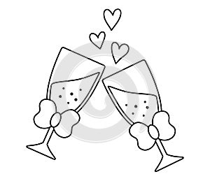 Vector black and white wedding clinking glasses with bow and sparkling drink. Cute marriage symbol clipart element for bride,