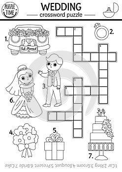 Vector black and white wedding crossword puzzle for kids. Simple line marriage ceremony quiz or coloring page. Matrimony activity photo