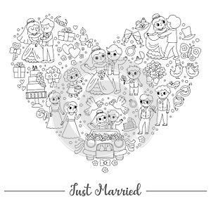 Vector black and white wedding heart shaped frame with just married couple. Marriage ceremony or love concept for banners,