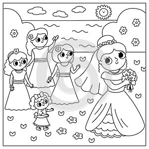 Vector black and white wedding scene with cute just married couple. Marriage line ceremony landscape coloring page with bride and