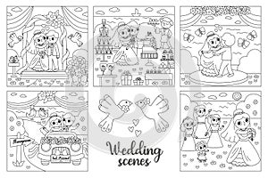 Vector black and white wedding scenes set. Cute line just married couple. Marriage ceremony landscapes coloring pages with bride