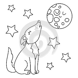 Vector black and white wolf howling at the moon. Funny outline night scene with woodland animal. Cute forest line illustration or