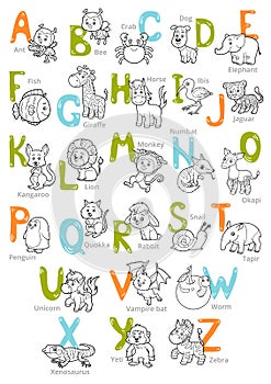 Vector black and white zoo alphabet with cute animals