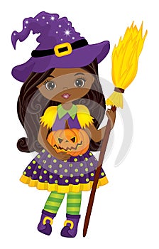 Vector Black Witch Holding Broomstick and Pumpkin. Vector Halloween Witch