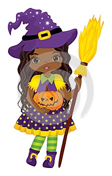 Vector Black Witch Holding Broomstick and Pumpkin. Vector Halloween Witch