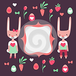 Vector blank banner with easter boy and girl bunnies.