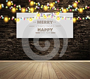 Vector blank billboard or poster on wall room with christmas lights