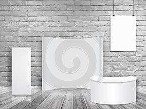 Vector blank exhibition trade show booth mock up in white brick wall room