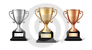 Vector Blank Golden, Silver and Bronze Champion Cup Isolated on White Background. Design Template of Championship Trophy