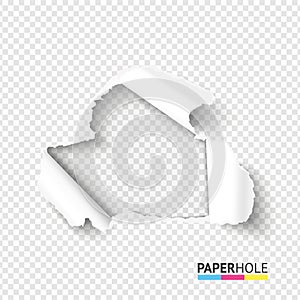 Vector blank hole in teared paper on transparent background. Cardboard hole with torn edge.