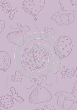 Vector blank for letter or greeting card. Checkered paper, violet form with hand drawn gift, air balloons, candy and cake