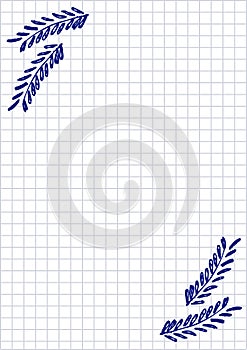 Vector blank for letter or greeting card. Checkered paper, white squared form with hand drawn branch with leaves.