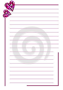 Vector blank for letter or greeting card. White paper form with pink gems in the shape of hearts, lines and border. A4 format size
