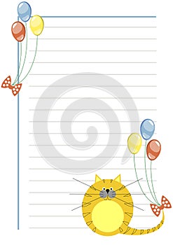 Vector blank for letter or greeting card. White paper form with red pretty cat and colorful balloons, lines and border.