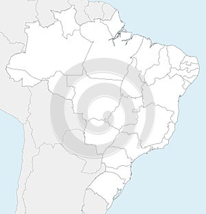 Vector blank map of Brazil with states and administrative divisions, and neighbouring countries and territories.