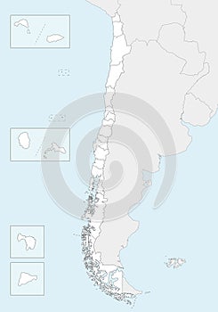 Vector blank map of Chile with regions and territories and administrative divisions, and neighbouring countries and territories.