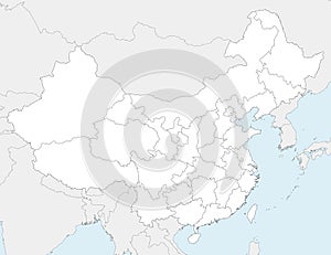 Vector blank map of China with provinces, regions and administrative divisions, and neighbouring countries.