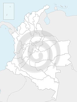 Vector blank map of Colombia with departments, capital region and administrative divisions, and neighbouring countries.
