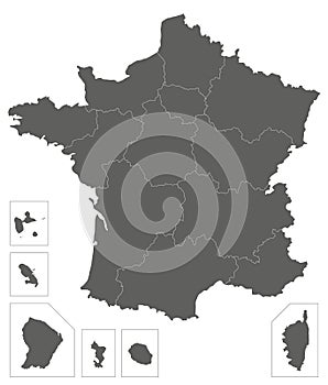 Vector blank map of France with regions and territories and administrative divisions.