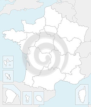 Vector blank map of France with regions and territories and administrative divisions, and neighbouring countries.