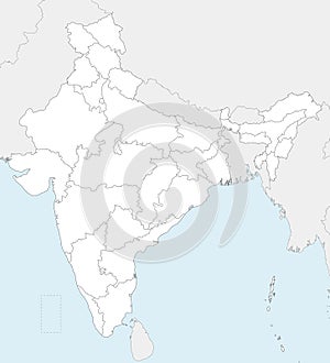 Vector blank map of India with states and territories and administrative divisions, and neighbouring countries