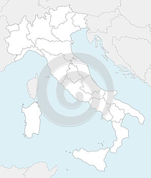 Vector blank map of Italy with regions and administrative divisions, and neighbouring countries and territories.