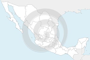 Vector blank map of Mexico with regions or states and administrative divisions, and neighbouring countries.