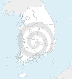 Vector blank map of South Korea with provinces, metropolitan cities and administrative divisions, and neighbouring countries