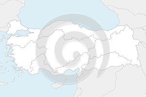 Vector blank map of Turkey with regions and geographical divisions, and neighbouring countries