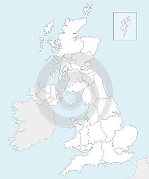 Vector blank map of UK with administrative divisions, and neighbouring countries. Editable and clearly labeled layers