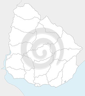 Vector blank map of Uruguay with departments and administrative divisions, and neighbouring countries.