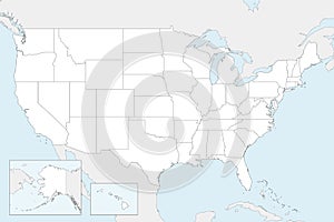 Vector blank map of USA with states and administrative divisions, and neighbouring countries.