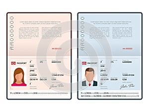 Vector Blank open passport template. International passport with sample personal data page. Document for. Isolated