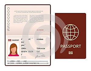 Vector Blank open passport template. International passport with sample personal data page. Document for travel and