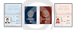 Vector Blank open passport template. International passport with sample personal data page. Document for travel and