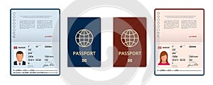Vector Blank open passport template. International passport with sample personal data page. Document for travel and
