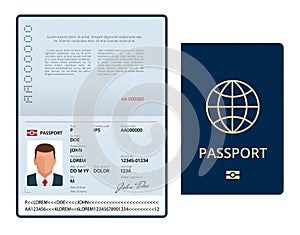 Vector Blank open passport template. International passport with sample personal data page. Document for travel and photo