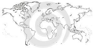 Vector Blank outline, linear, line circuit, contour black similar World map isolated white background. Monochrome