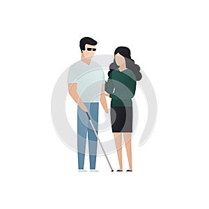 Vector blind character people flat illustration. Adult woman help of a man in glasses with stick isolated on white background.