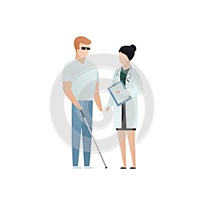 Vector blind character people flat illustration. Doctor in uniform care of patient with glasses and cane isolated on white. Modern