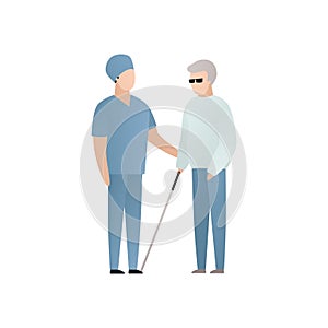 Vector blind character people flat illustration. Medical worker in uniform care of senior man with glasses and stick isolated on
