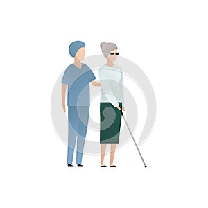 Vector blind character people flat illustration. Medical worker in uniform walking with old woman with glasses and cane isolated