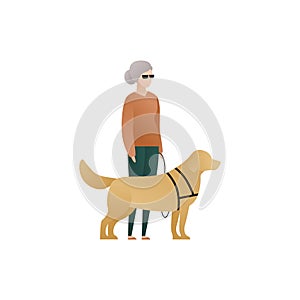 Vector blind character people flat illustration. Pair of old woman walking and guide dog isolated on white background. Modern