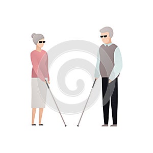 Vector blind character people flat illustration. A pair of senior man and woman in glasses with stick standing isolated on white