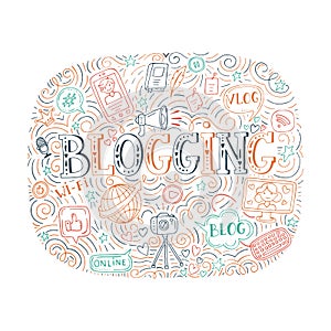 Vector blogging doodle illustration, hand drawn blogging elements