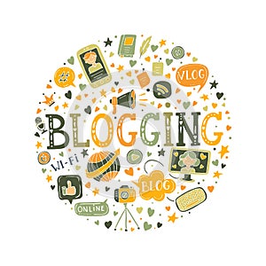 Vector blogging doodle illustration, hand drawn blogging elements