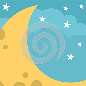 Vector blue abstract background with clouds, stars, half moon. Magic or fantasy world scene with place for text. Cute fairytale