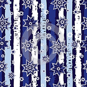 Vector blue abstract snowflake stars seamless background 03 with vertical stripes. Suitable for textile, gift wrap and