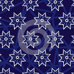 Vector blue abstract snowflake stars seamless background 06. Suitable for textile, gift wrap and wallpaper.